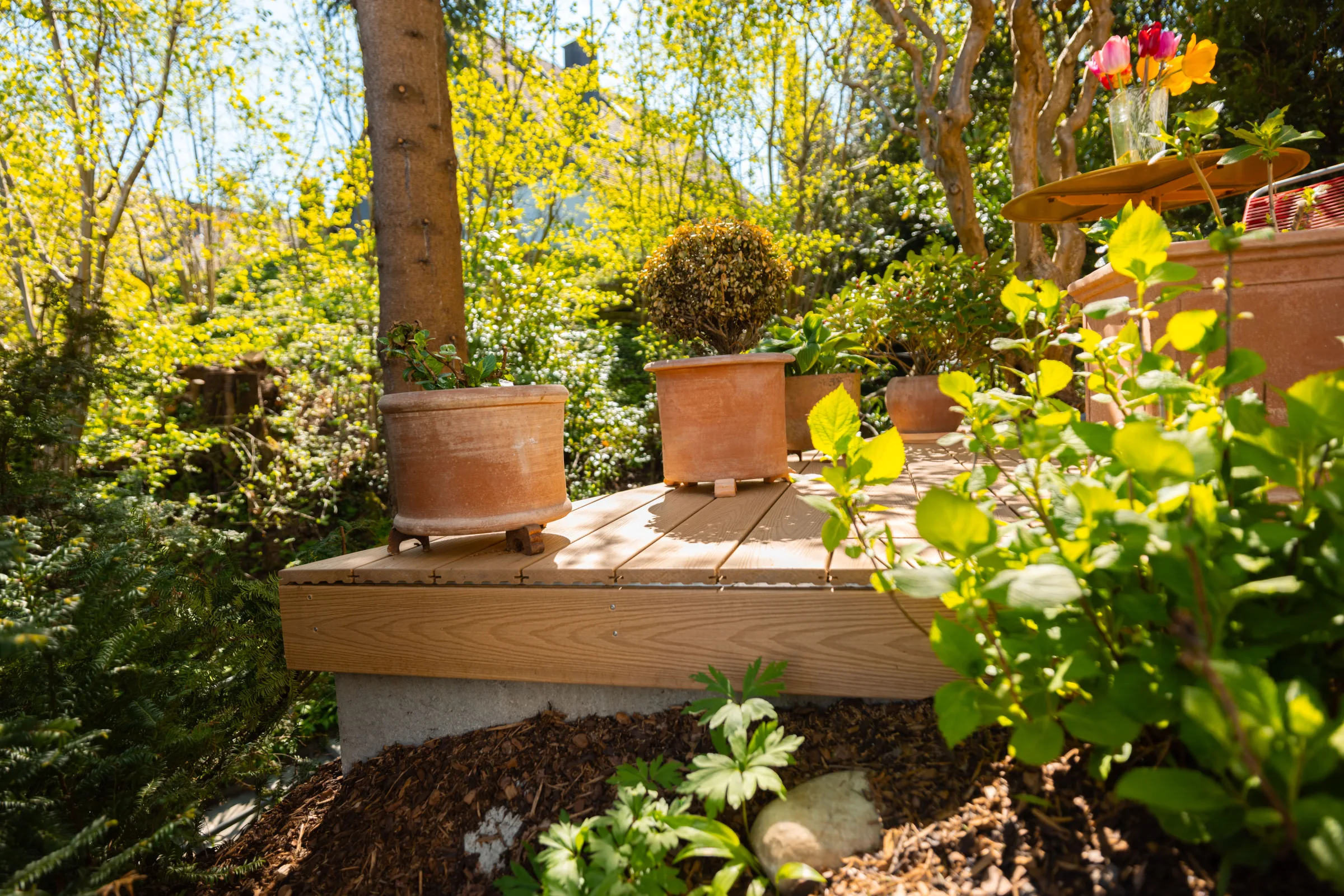 Holz-Plattform-Konstruktion mit Pflanztöpfen: frisch montierte Holz-Struktur im Garten