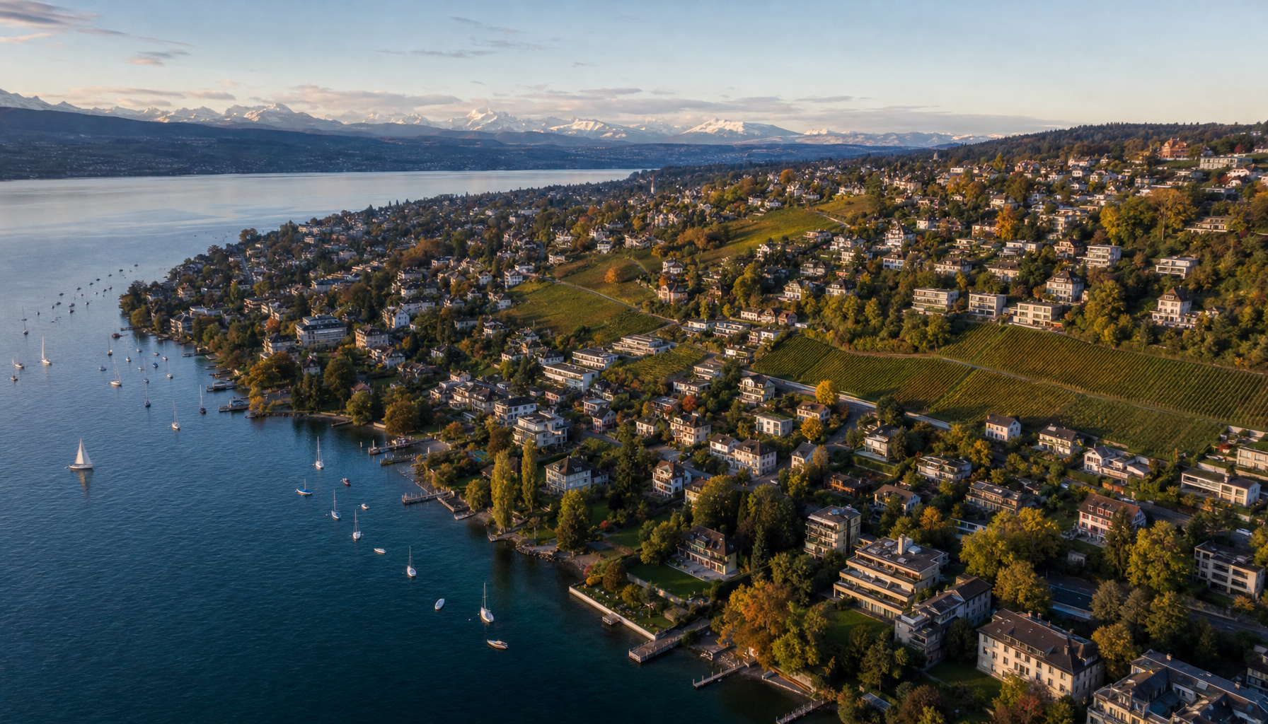 Goldküste am Zürichsee aus der Luft: Servicegebiet GREGORY Gartenbau zwischen Adliswil und Zürichsee