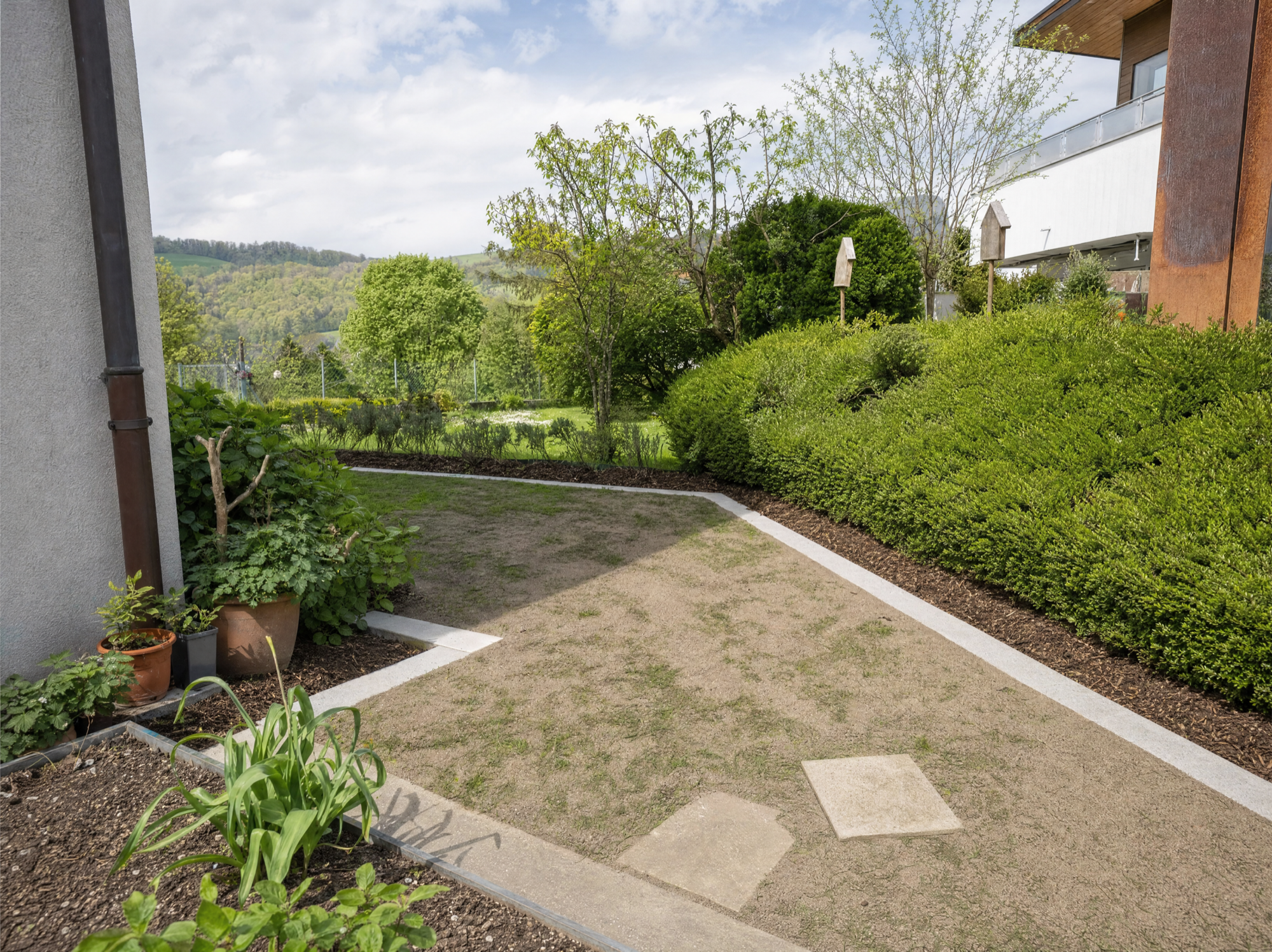 Hinterhof mit Plattenrahmen, Buchsbaum-Hecke und Stauden, weiches diffuses Tageslicht