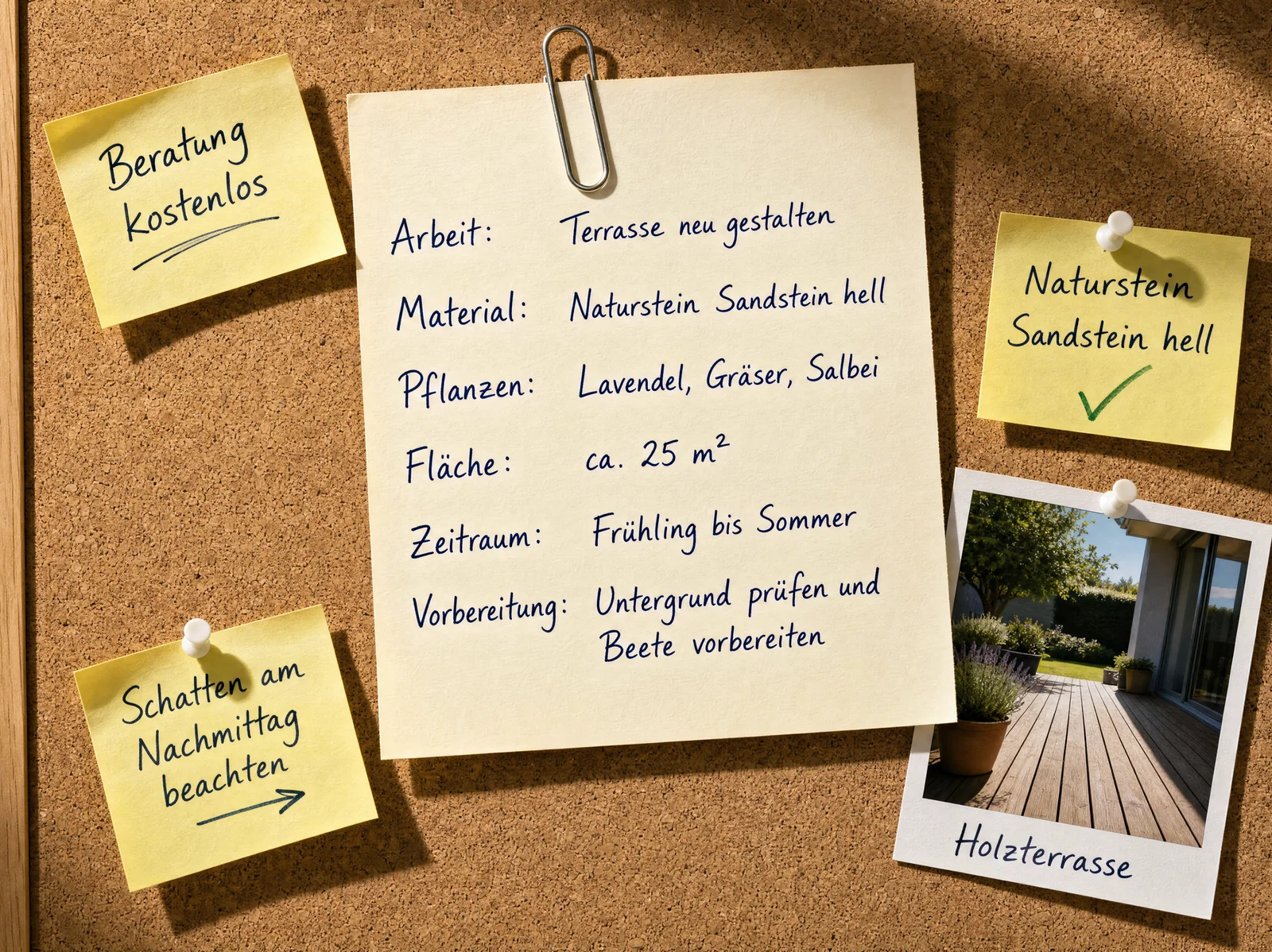 Projektblatt auf Korkboard mit handschriftlichen Notizen, Materialprobe und Polaroid