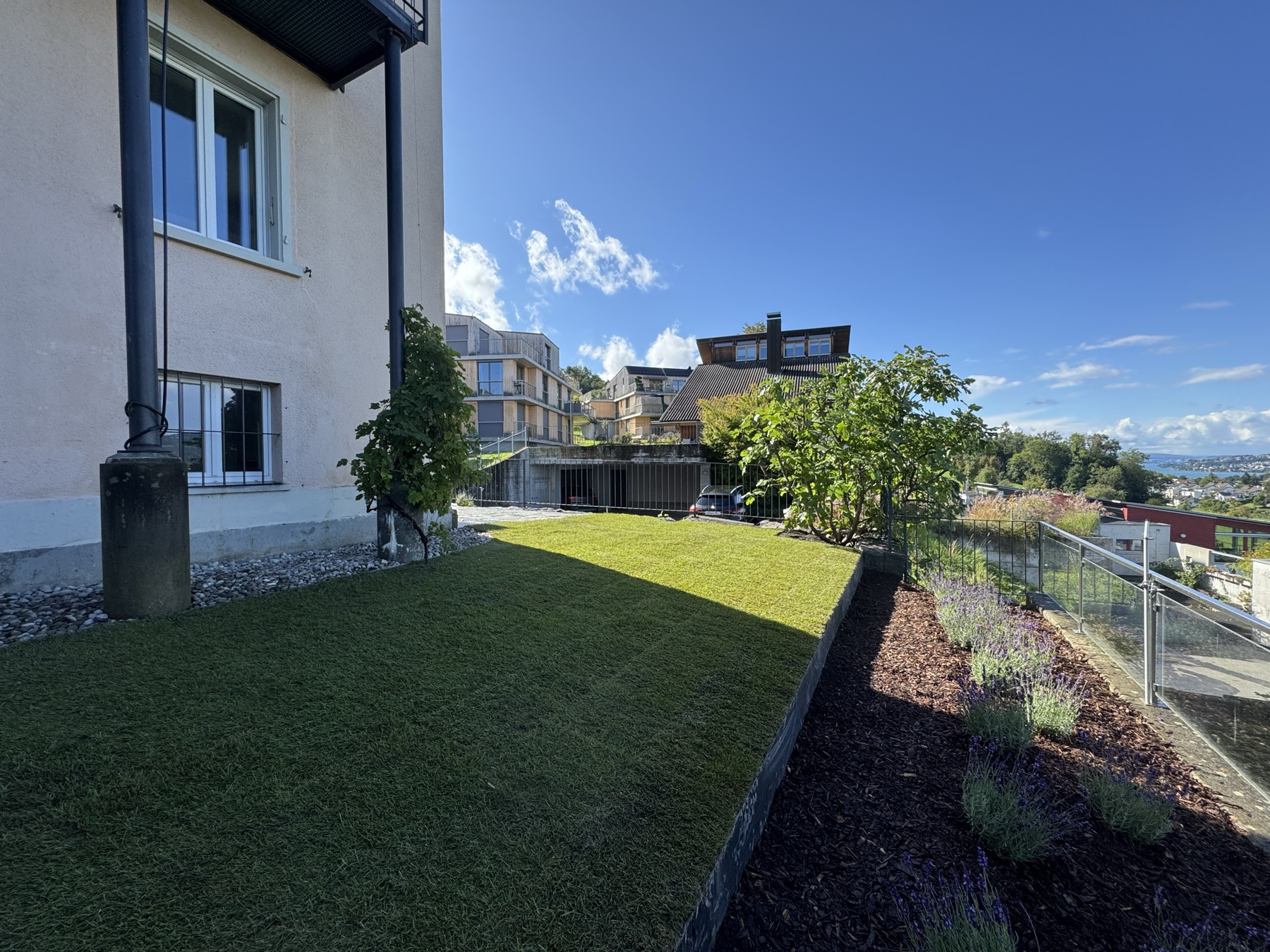 Hanggarten mit Seeblick: Rollrasen, Lavendel-Beet, Glasgeländer, klares Tageslicht